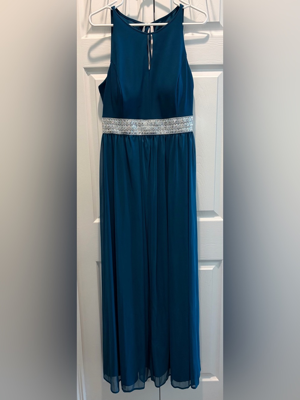 R&M Richards Teal Evening Dress with Silver Embellished Waistband